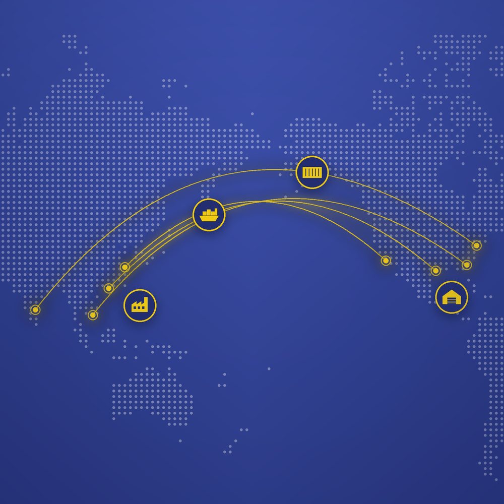 Supply chain routes from factories in China, Vietnam, and India to the United States.